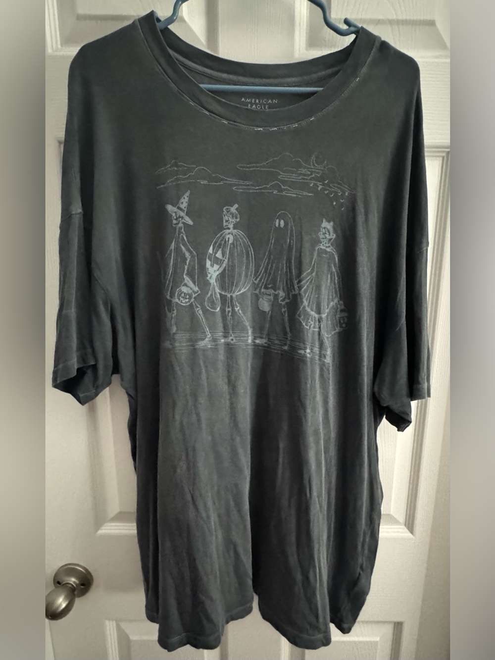 American Eagle Black Oversized Shirt Skeletons Pumpkin Witch Ghost L/XL